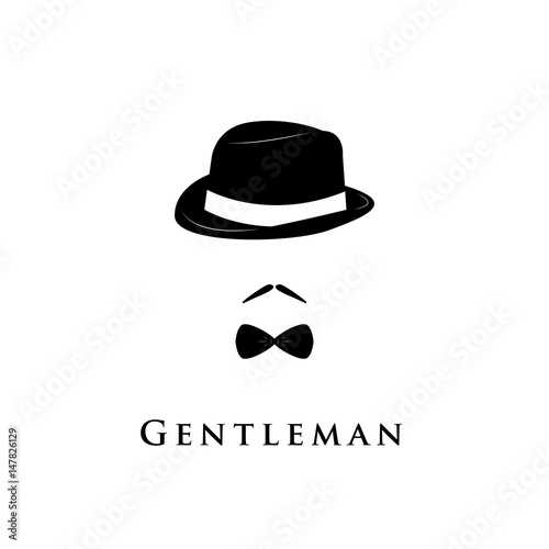 Gentleman on white background. Hat, moustache and bow tie.