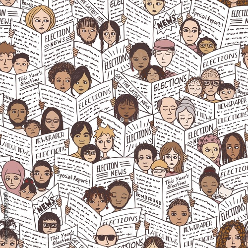 Seamless pattern of diverse people with shocked and sad faces, reading newspapers about the elections