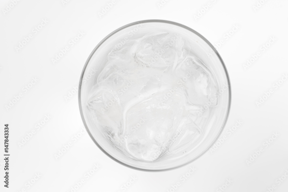 glass of soda with ice blocks isolated on white background, top view glass of soda with ice blocks isolated on white background, top view