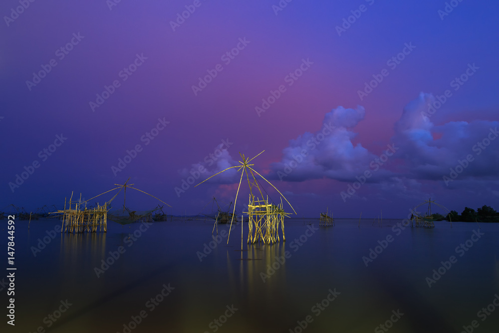 Tower for Views of Panorama Sunset and Sunrise at Thale Noi in Phatthalung, Thailand.

