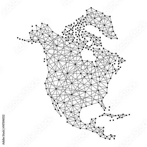 Map of North America from polygonal black lines and dots of vector illustration