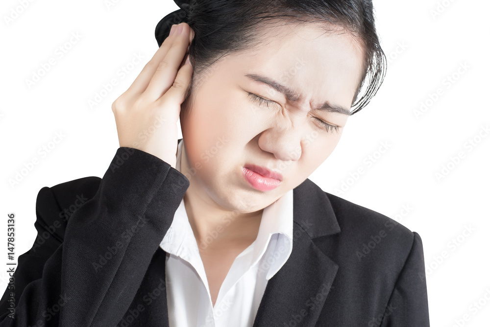 Headache symptom in a businesswoman isolated on white background. Clipping path on white background. Headache symptom in a businesswoman isolated on white background. Clipping path on white background.