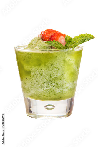 Refreshing fruit smoothies. Refreshing drink with kiwi juice  decorated with strawberries and mint