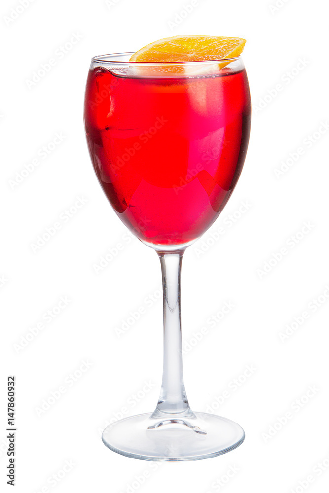 Refreshing cold red cocktail with ice with orange decoration Refreshing cold red cocktail with ice with orange decoration