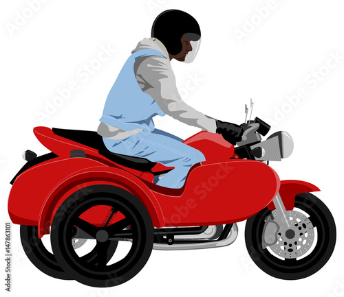 Color classic sidecar motorcycle with rider wearing sleeveless jeans jacket, hoodie, black leather gloves and helmet side view isolated on white vector illustration