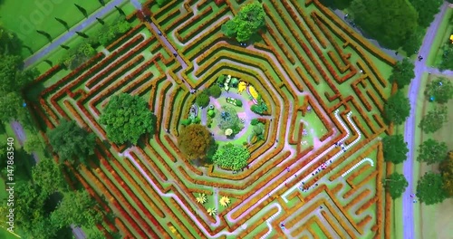 JAKARTA, Indonesia. April 25, 2017: Aerial view of beautiful labyrinth plants on Nusantara Flower Garden, in Cipanas, West Java, Indonesia. Professional shot in 4K resolution photo