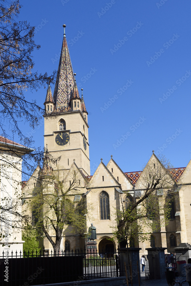 Evangelical, Cathedral, Piata Huet, Sibiu, Transylvania, Romania, facade, old, church, bell tower