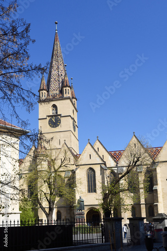 Evangelical, Cathedral, Piata Huet, Sibiu, Transylvania, Romania, facade, old, church, bell tower