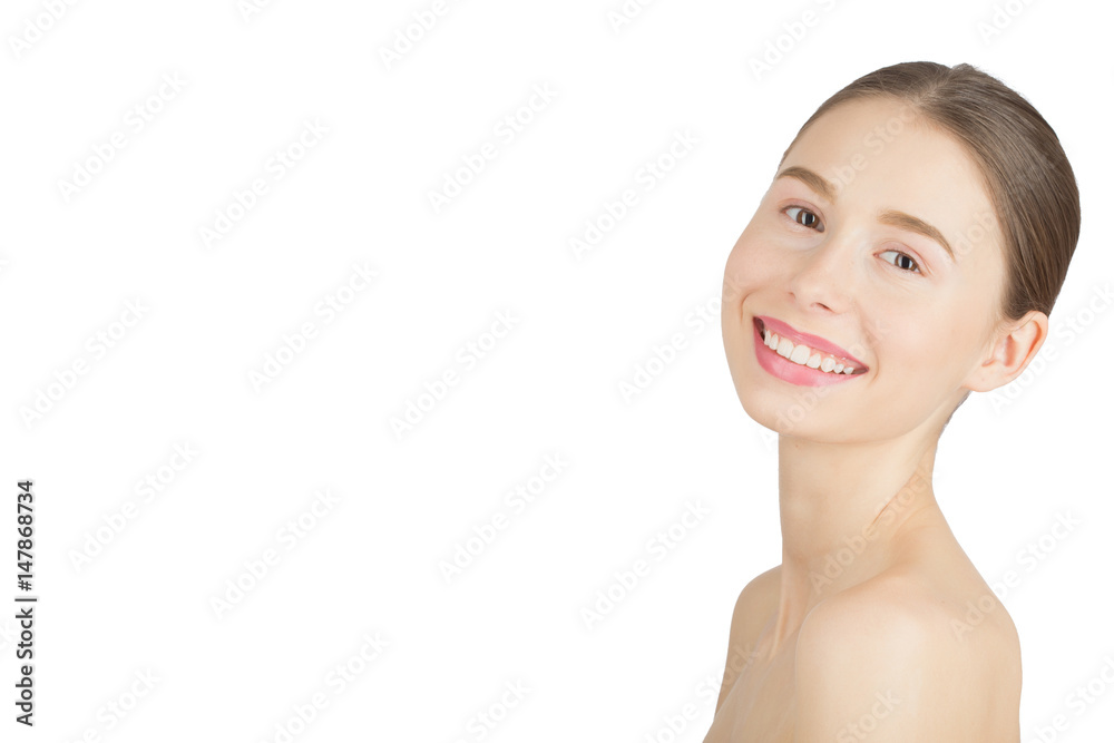 Woman with a natural beauty makeup look - isolated over a white background with copyspace Woman with a natural beauty makeup look - isolated over a white background with copyspace