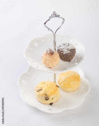 tray or serving tray with dessert on background. photo