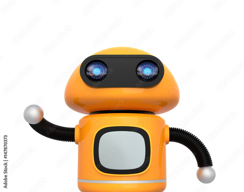 Cute orange robot isolated on white background. 3D rendering image.