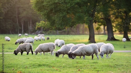HD Clip of Flock of sheep or lambs grazing on grass in English countryside field between trees, England, Great Britain during summer evening.