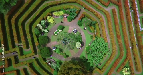 JAKARTA, Indonesia. April 25, 2017: Video footage of bird view of beautiful park labyrinth in Cipanas, West Java, Indonesia. Professional shot in 4K resolution photo