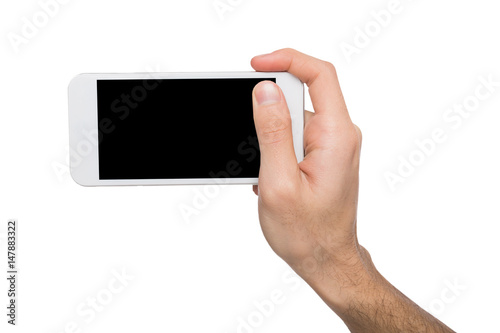 Male hands pointing on blank mobile phone screen