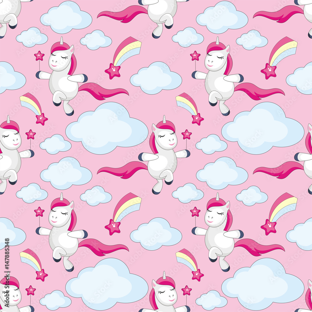 Fairy children seamless pattern with the image of cute unicorns. Colorful vector background Fairy children seamless pattern with the image of cute unicorns. Colorful vector background