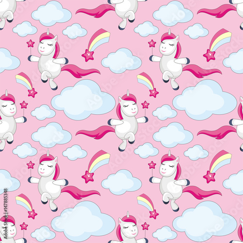 Fairy children seamless pattern with the image of cute unicorns. Colorful vector background