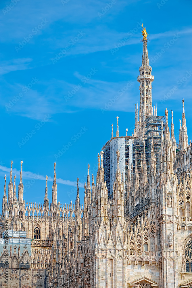 Details of the Milan Cathedral, the spiers and the Madonna