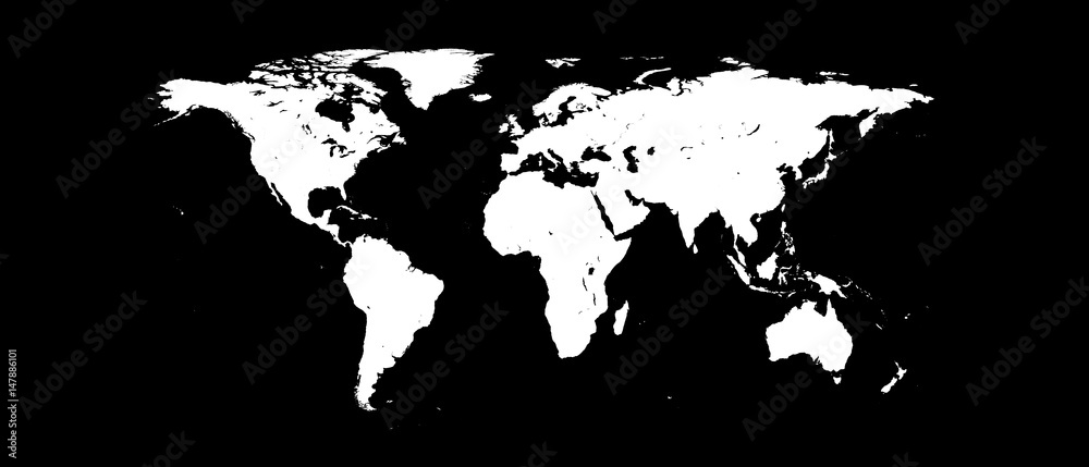 World Map White Silhouette Isolated on Black Background 3D illustration
