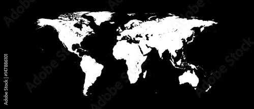 World Map White Silhouette Isolated on Black Background 3D illustration