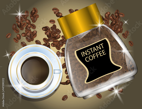 Coffee Jar, Coffee  Beans and  White Cup Isolated in Brown Background.
