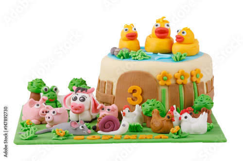 birthday cake with farm marzipan animals