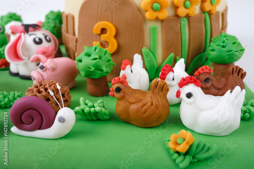 birthday cake with farm marzipan animals