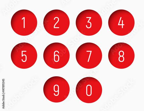 set of numbers from 0 to 9 with a round red shape