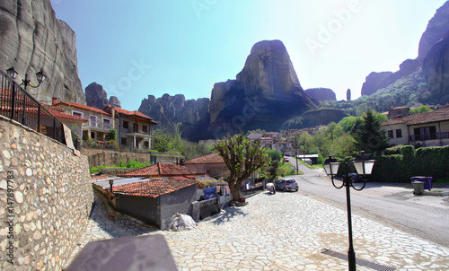 Meteora Greece. The Kastraki settlement at the foot of the rock formations.