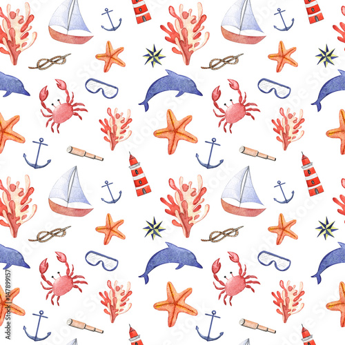 Watercolor hand drawn sea nautical seamless pattern