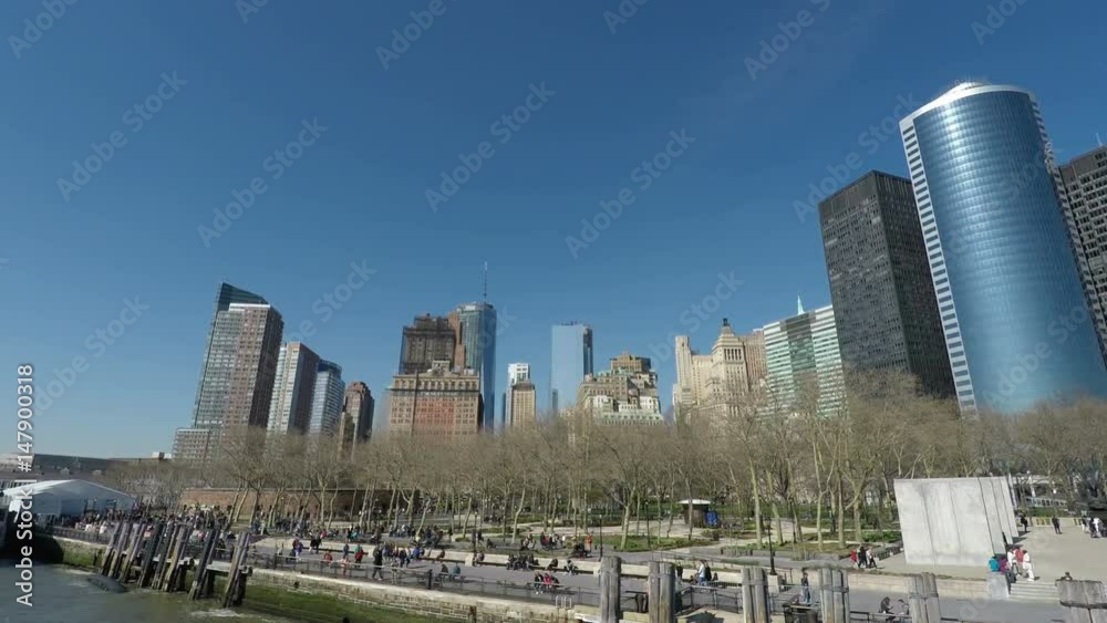 New York, USA Battery Park pier for Statue of Liberty cruises. Sea view