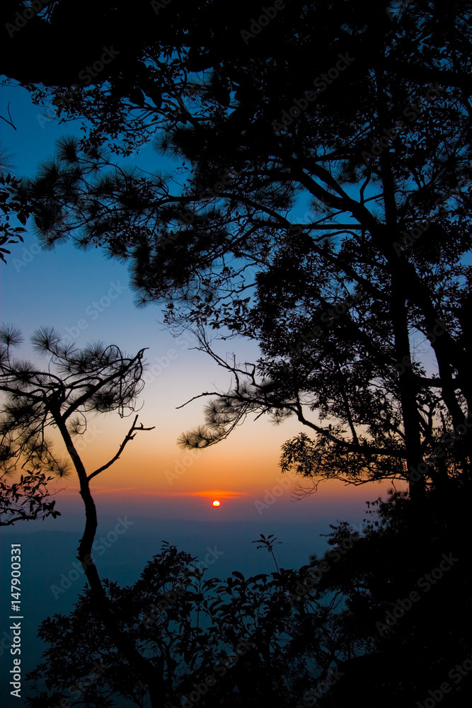 Silhouette sunset on the mountain at Phukradueng National Park