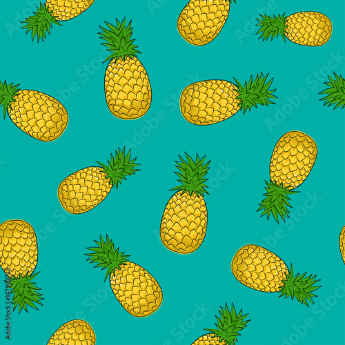 Seamless Pattern of Pineapple , Fruit Ananas on Azure Background, Vector Illustration