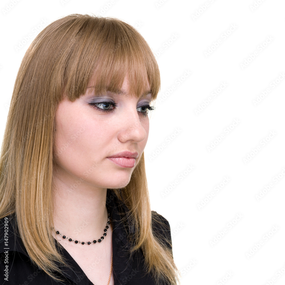 Closeup portrait of sad and depressed woman isolated on white Closeup portrait of sad and depressed woman isolated on white