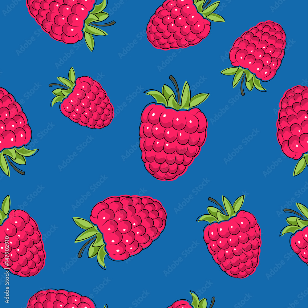 Seamless Pattern of Raspberries, Fruit Berry Pattern on Blue Background, Vector Illustration Seamless Pattern of Raspberries, Fruit Berry Pattern on Blue Background, Vector Illustration