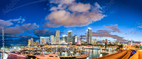 Amazing sunset over Downtown Miami. Panoramic view from Port Boulevard