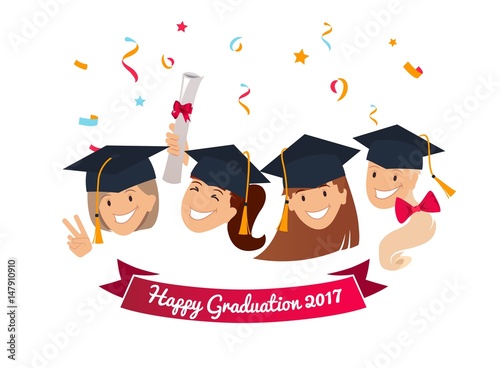 Celebration graduation banner. Group of happy graduates with  diplomas celebrating graduation, smiling.  Vector illustration