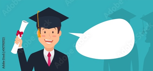 Portrait of student holding diploma. Happy graduate student with diploma in his hand isolated on blue background. Vector flat illustration