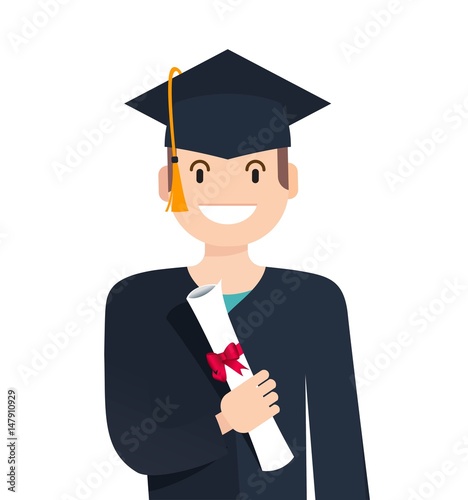 Portrait of student holding diploma. Happy graduate student with diploma in his hand isolated on white background. Vector flat illustration