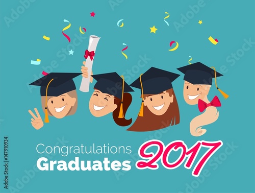 2017 Celebration graduation banner. Group of happy graduates with  diplomas celebrating graduation, smiling.  Vector illustration