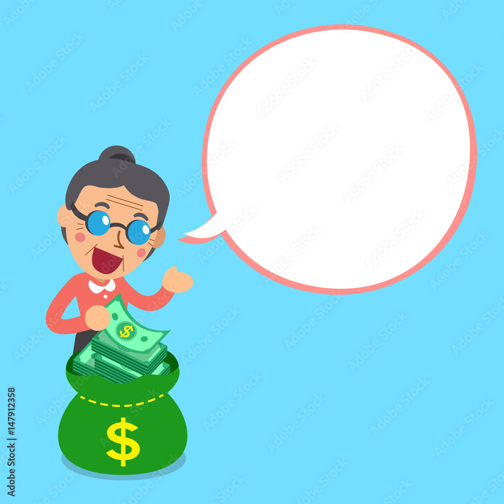 Cartoon senior woman and money bag with white speech bubble