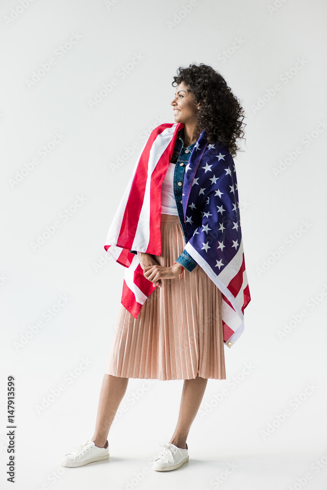 woman cowered with american flag woman cowered with american flag