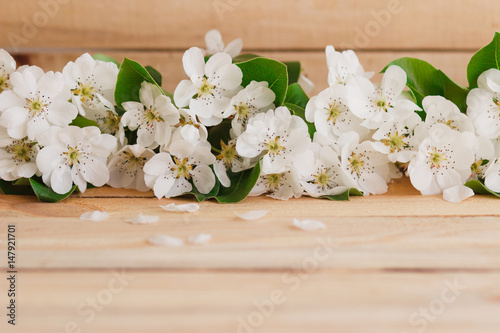 Petals and pear's blossom on the wooden table