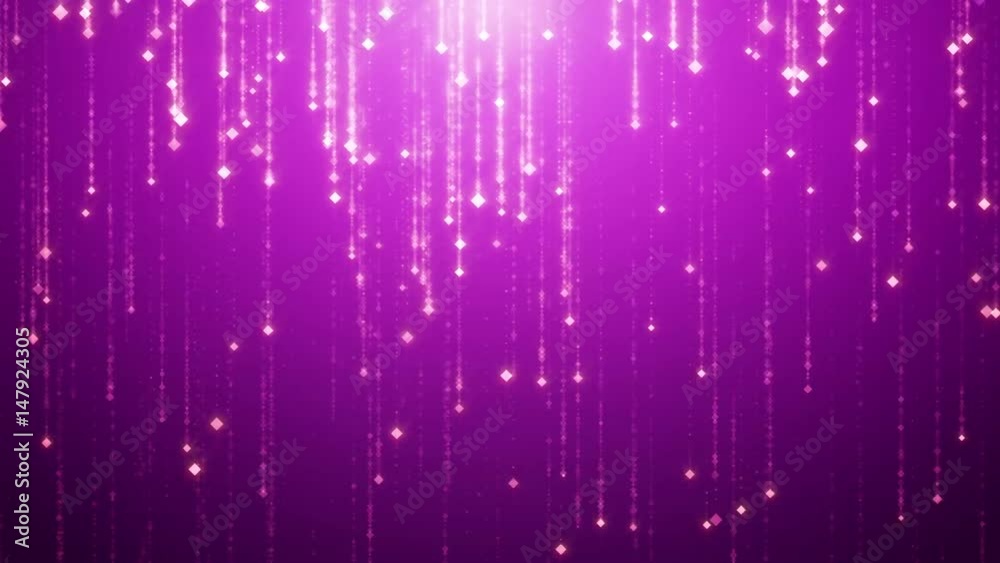 The golden falling particles spin and flicker on the purple magenta background. Abstract background for fashionable glamor and luxury luxury wealth