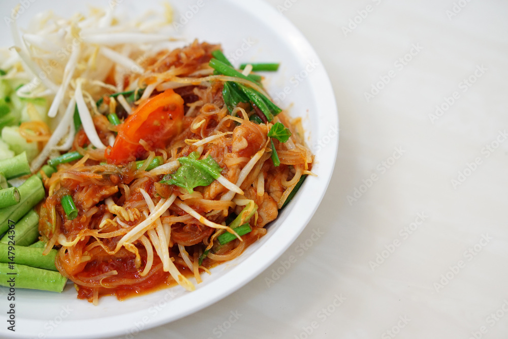 Closeup of Pad Thai, Stir-fried noodle and pork, Traditional thai food recipe.