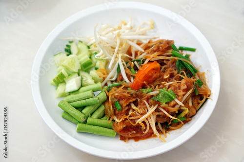 Closeup of Pad Thai, Stir-fried noodle and pork, Traditional thai food recipe.