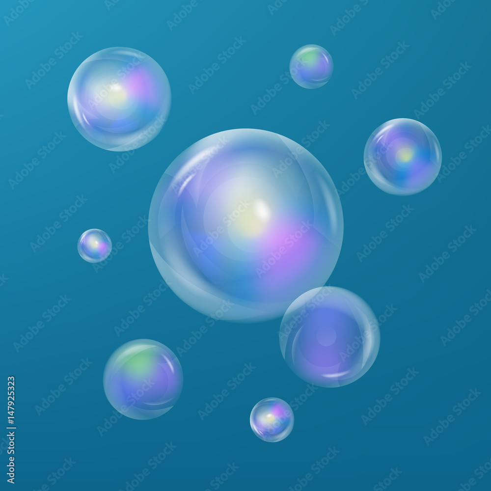 Soap bubbles. Realistic transparent soap bubbles. Soap bubbles 3D. Rainbow reflection. Vector Soap bubbles.