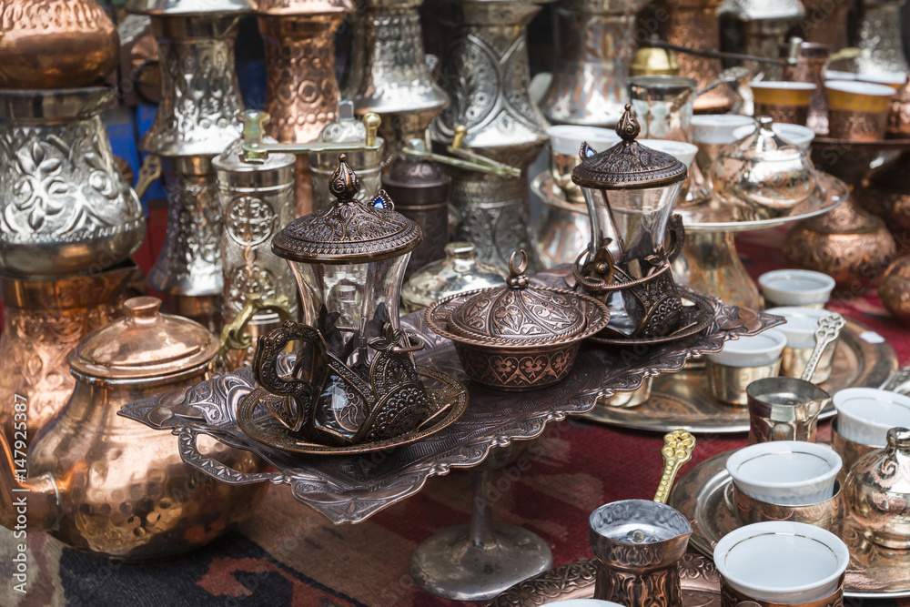 Copper product as souvenir for visitors and tourists in Old Town Sarajevo. Bosnia and Herzegovina.