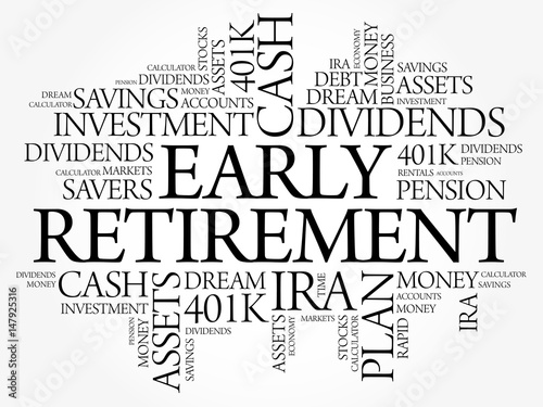 Early Retirement word cloud collage with great terms such as investments, budget, finance business concept background