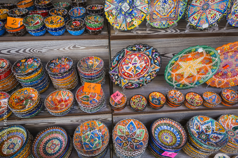 Colorful ceramic souvenirs for sale on the street in Old Town Mostar. Bosnia and Herzegovina.