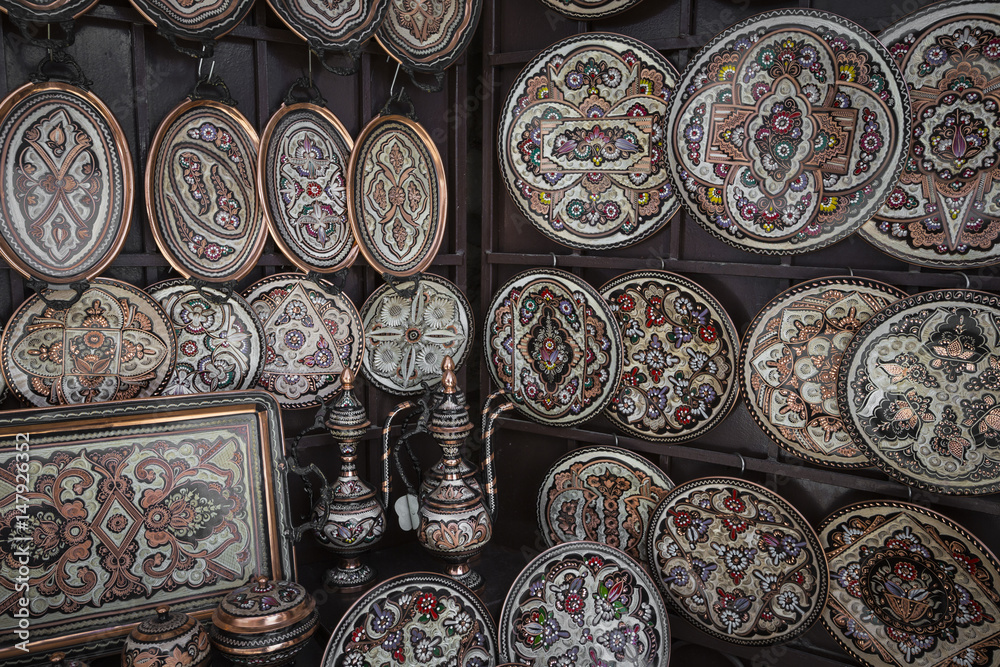 Colorful ceramic souvenirs for sale on the street in Old Town Mostar. Bosnia and Herzegovina.